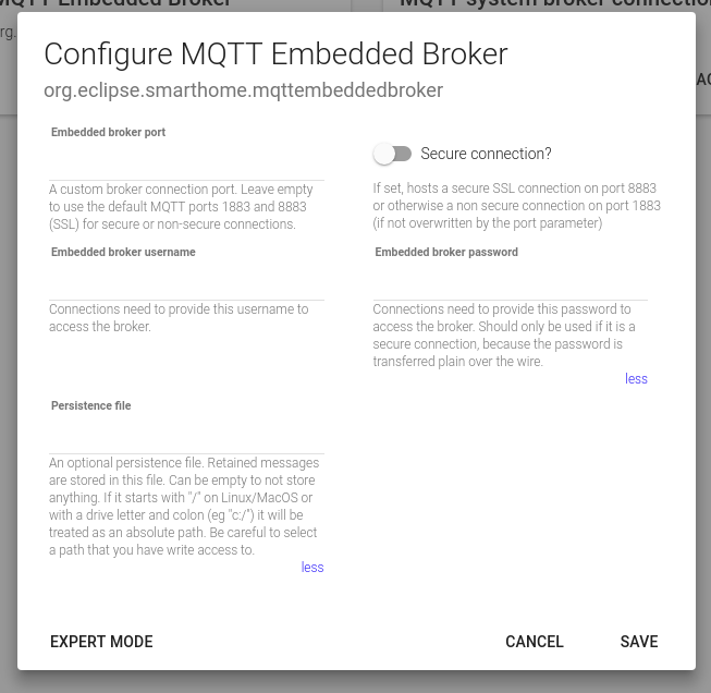 Configure embedded MQTT Broker